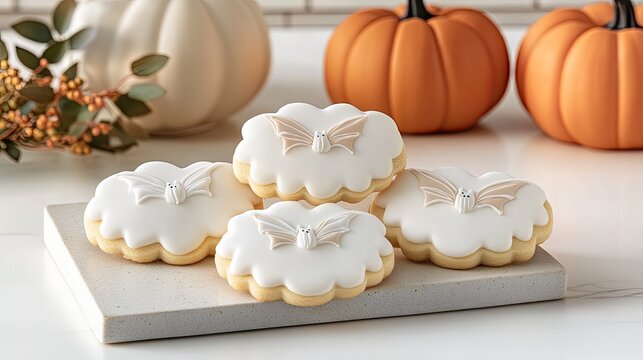 A variety of Halloween cookies decorated with playful ghost, bat, and pumpkin designs are presented on a kitchen table, perfect for celebrations