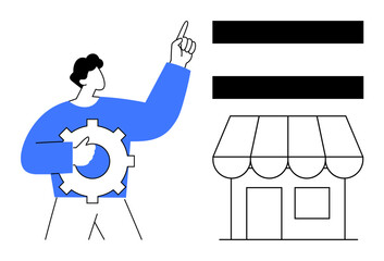 Man holding gear and pointing up, nearby store, and equality sign. Ideal for business, entrepreneurship, innovation, equality, strategy marketing teamwork. Clean and simple flat metaphor