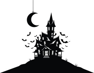 Spooky silhouette haunted house on hill under crescent moon with bats flying around for halloween celebrations and themed designs isolated on white background