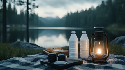 A cozy camping setup features an oil lamp illuminating water bottles and snack containers on a blanket by the lake at night