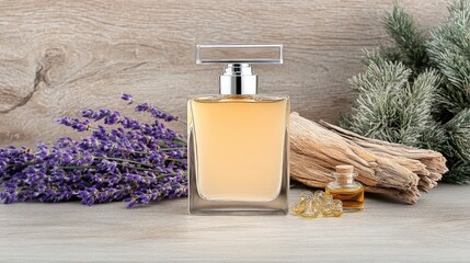 A glass vial of amber oil sits next to lavender and driftwood on an oak cherry wood tabletop