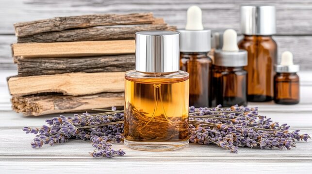 A glass vial of amber oil sits next to lavender and driftwood on an oak cherry wood tabletop