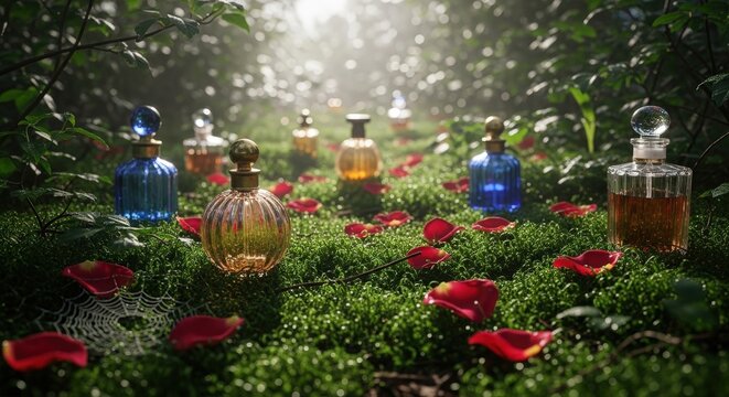 Vibrant perfume bottles on green moss with rose petals in sunlit forest during bright day