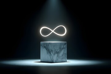 Minimalist marble pedestal with glowing infinity symbol in spotlight