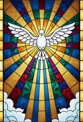 Holy Spirit Dove Stained Glass Illustration with Golden Rays Colorful Panels and Heavenly Clouds Christian Religious Symbol Artwork