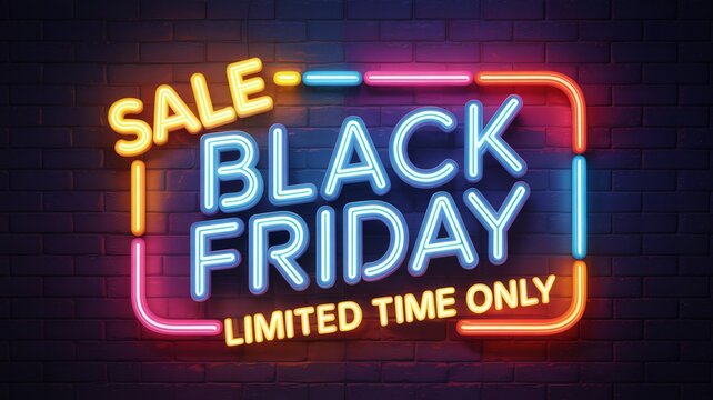 Glowing Black Friday Sale Neon Sign on Dark Brick Wall Background