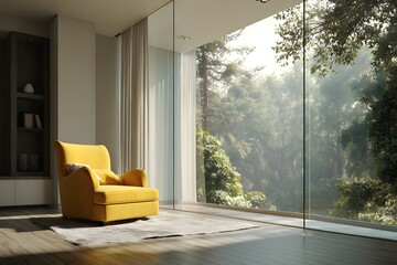 Bright contemporary room with yellow chair and mountain view through large windows
