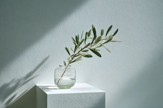 Minimalist still life with olive branch in glass vase and soft sunlight