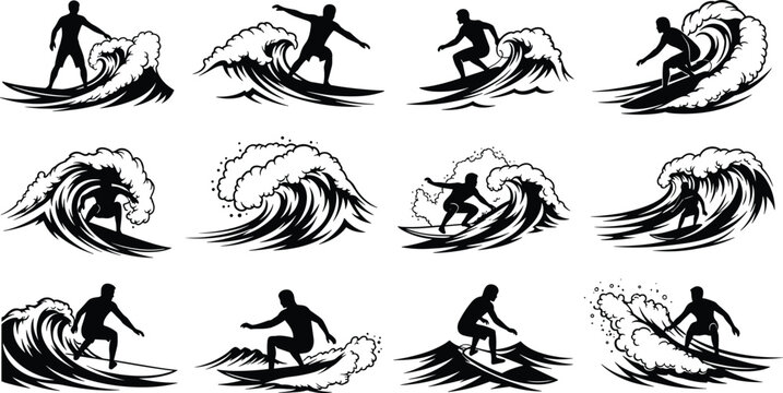 Dynamic surfer silhouette collection riding powerful ocean waves, extreme water sports action illustration set for summer beach design, surfing movement artwork themes