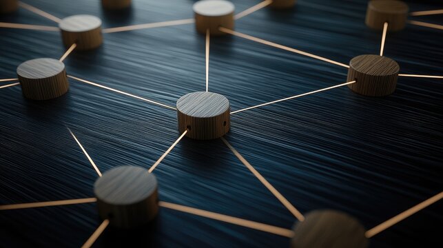 Wooden figures connected by black lines illustrate the concept of social and business networking against a vibrant blue background