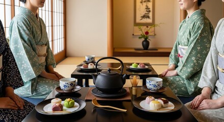 Women in traditional Japanese attire enjoying a tea ceremony with sweets.