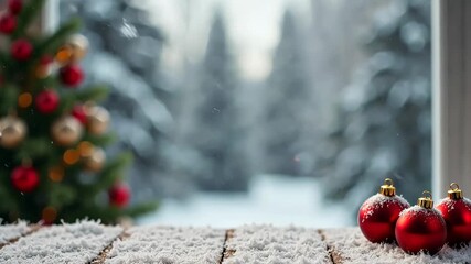 Winter snowy wooden tabletop holding red christmas balls under gentle snowfall and blurred christmas tree glowing with warm lights. Concept of holiday decor celebration. - Powered by Adobe