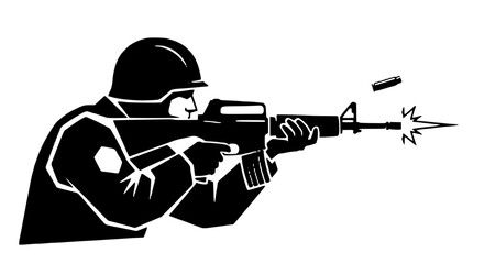 Naklejka premium Soldier firing automatic weapon, military combat training in monochrome style