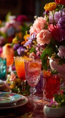 Colorful Floral Table Setting With Vibrant Drinks and Decorations for a Festive Gathering