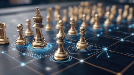 A golden chessboard features prominent pieces connected by glowing blue lines, emphasizing strategic concepts in a digital space