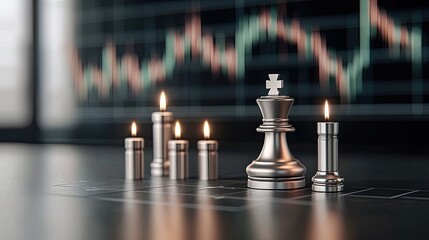 A king chess piece sits elegantly amidst rising stock market charts, symbolizing strategy and financial acumen in trading
