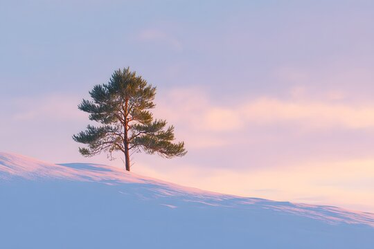 Winter landscape with lone tree and pastel horizon