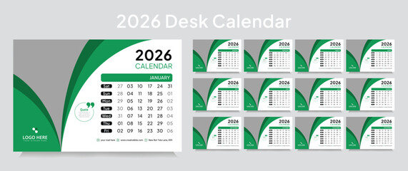 New year desk calendar 2026 template, corporate desk calendar schedule 2026 monthly 12-page planner layout, editable vector eps 10 file format	