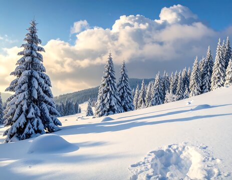 Picturesque winter landscape with snow-covered trees and a bright sky