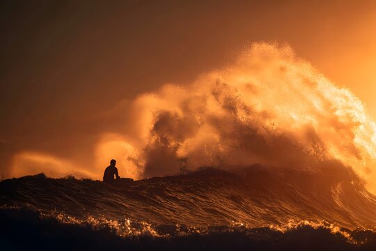 Surfer silhouetted against massive crashing wave at dramatic sunset