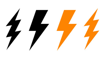 Set of four stylized lightning bolt icons, two black and two vibrant orange, symbolizing electricity, power, energy, speed, and warning.