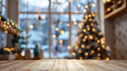 New year wooden tabletop with decorated christmas tree with warm golden lights on background, snowy winter landscape festive decorations. Concept of holiday, interior, celebration. - Powered by Adobe