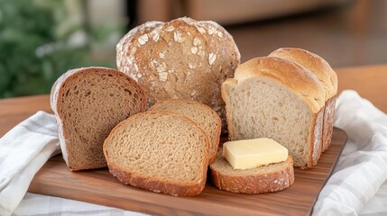 Whole grain bread topped with cheese spread and served with garlic butter pearls, ideal for breakfast or lunch