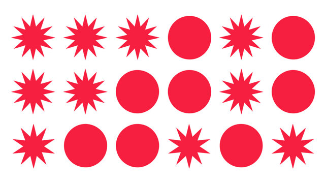 Red abstract geometric pattern featuring alternating starburst and circular shapes arranged in a precise grid for a modern graphic design element
