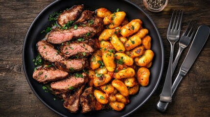 Enjoy a delicious Swiss meat fillet complemented by savory tomato sauce and soft gnocchi on a stylish black plate