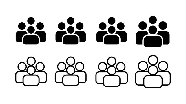 Versatile collection of group of people icons, depicting concepts like community, team, users, and social networks in solid and outline styles.