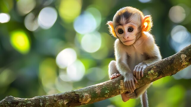 Cute baby monkey resting on forest branch high resolution picture
