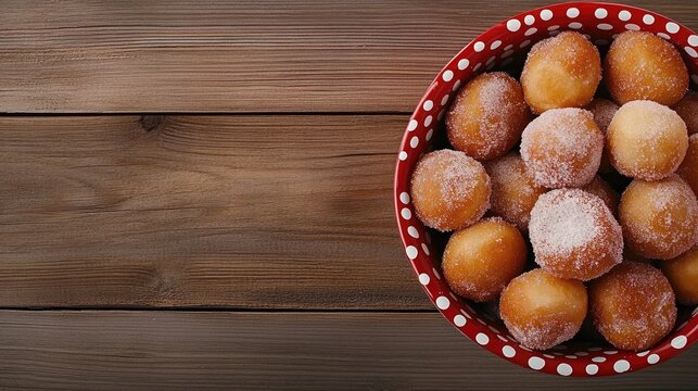 A scrumptious display of mini doughnuts dusted with sugar, invitingly arranged in a red enamel bowl on a wooden table