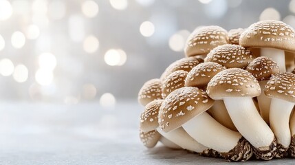 Brown shiitake mushrooms are arranged in a small pile on a random background, highlighting their rich texture and color for culinary uses