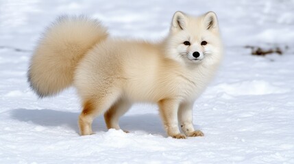 Obraz premium A graceful Arctic fox stands in the snow, gazing forward with bright eyes, its beautiful fur contrasting the white landscape and falling snowflakes