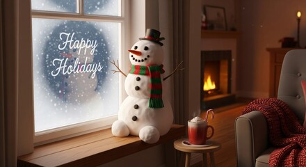 A cheerful snowman sits on a windowsill, gazing out at a snowy scene with 'Happy Holidays' written on the window.