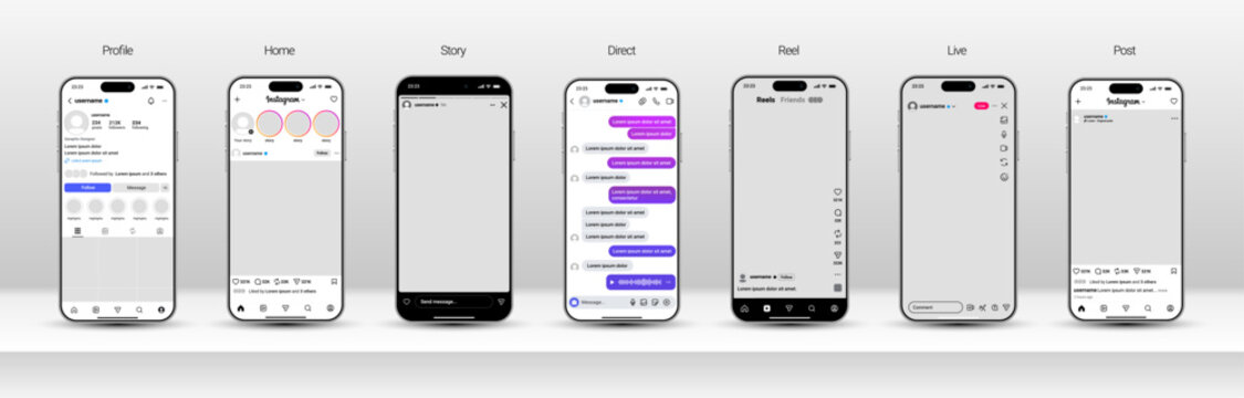Instagram post home feed story reels profile bio live stream direct messenger DM interface layout with full buttons reactions navigation icons modern social UI vector illustration