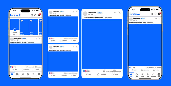 Facebook home feed post story videos reels carousel layout with buttons comments shares saves reactions profile elements modern social interface vector illustration