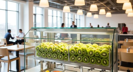 A bright, modern cafeteria with a glass display case filled with kiwi slices.