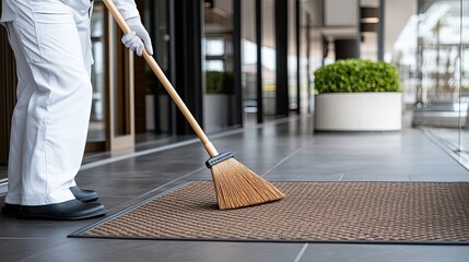 A brown doormat rests on a marble floor next to an old broom with a wooden handle, showcasing a clean and tidy entryway setup