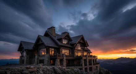 Stunning mountain lodge at sunset, showcasing architectural design and luxury living.