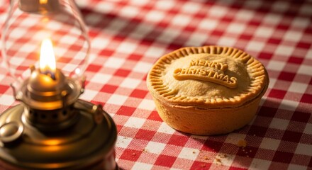 A close-up shot of a Christmas pie with a decorative inscription on top, next to a lit lantern.