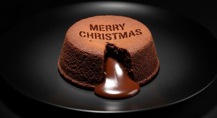 Close-up shot of a chocolate lava cake with Merry Christmas inscription and flowing chocolate.