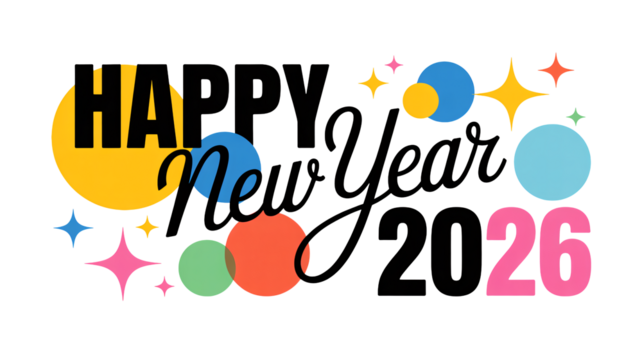 Celebrate happy new year 2026 with bright stars and colorful shapes