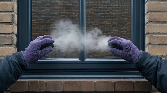 A homeowner is using a steam cleaner on a window, ensuring a spotless shine while wearing protective purple gloves