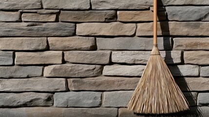 A broom stands against a weathered brick wall, symbolizing effort and the importance of maintaining cleanliness in a living space