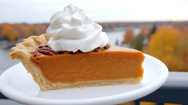 A classic pecan pie with pumpkin puree filling and whipped cream sits on a wooden table, capturing the essence of autumn and nostalgia