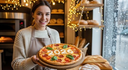 Cheerful woman with apron holding delicious 2026 year pizza in bakery with sparkling lights and snow