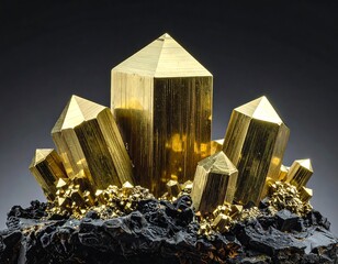 Pyrite crystals cluster exhibited upon dark matrix with metallic appearance