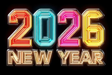 Bright neon 2026 New Year numbers with colorful glow and bold text against black background