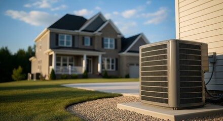 Air conditioning unit outside a residential house on a sunny day.